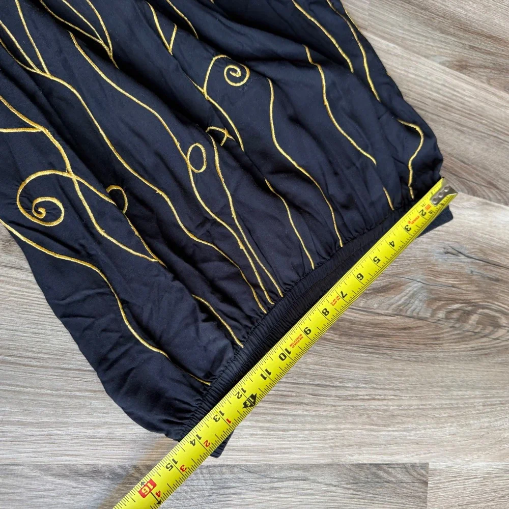 Vintage Black Gold Embroidered Rayon Midi Skirt Scalloped Hem Bohemian Size M L